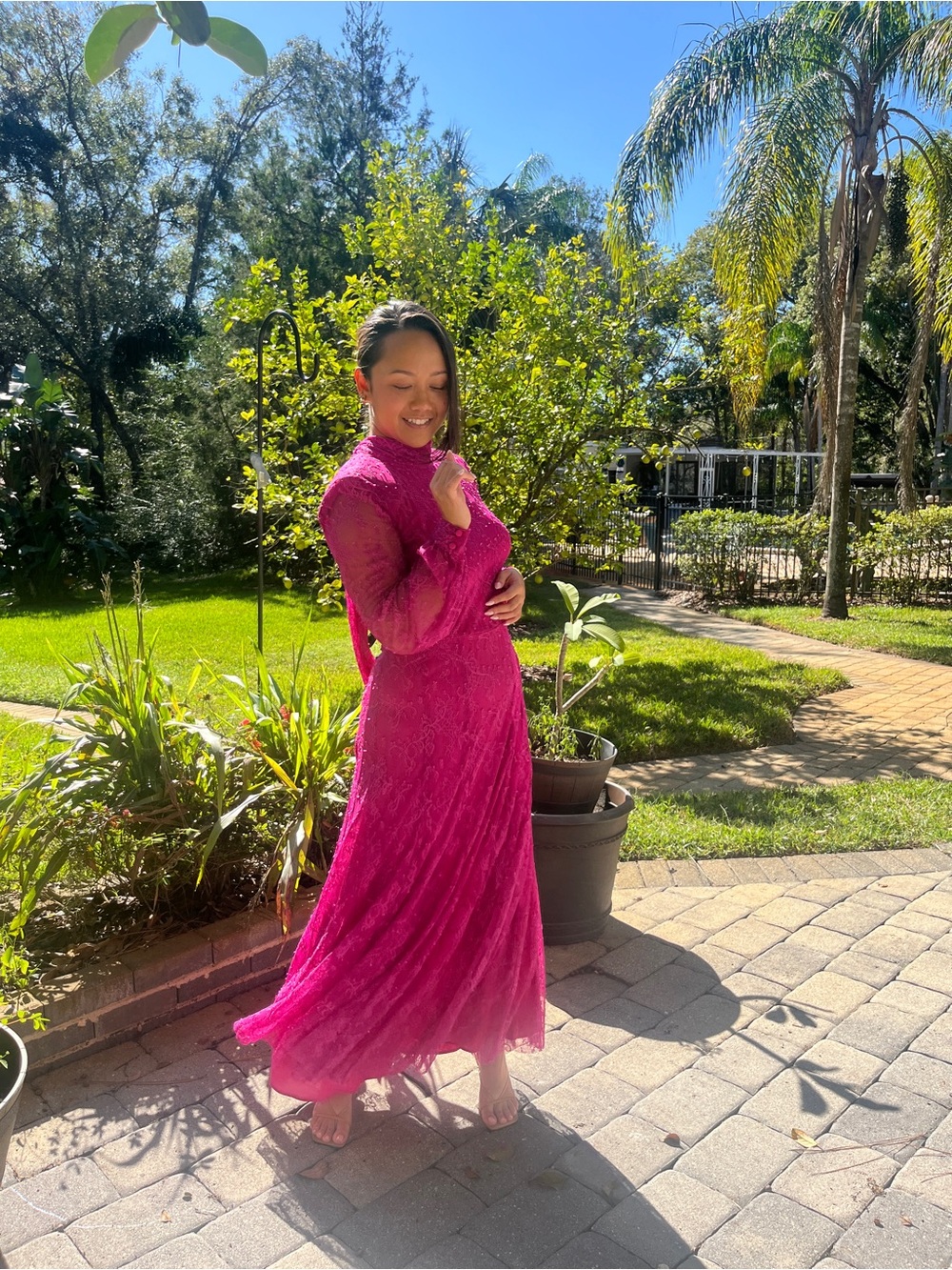 Elegant Fuchsia Lace Maxi Dress - Women